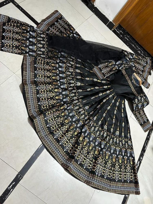 Fancy Stitched Katan Silk Maxi Party Wear Black Gold NB Collection Shop
