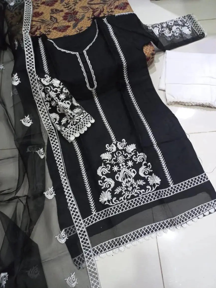3 Pcs Women's Stitched Organza Embroidered Suit NB Collection Shop