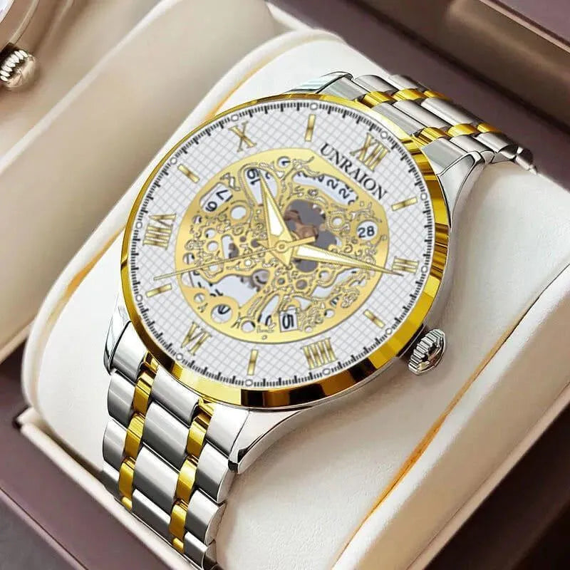 Unraion Men's Skeleton Watch | Luxury Gold-Tone Stainless Steel Timepiece NB Collection Shop