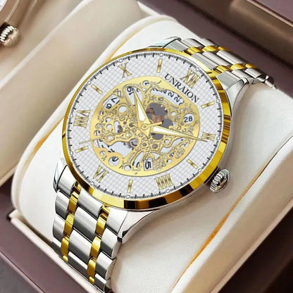 Unraion Men's Skeleton Watch | Luxury Gold-Tone Stainless Steel Timepiece NB Collection Shop