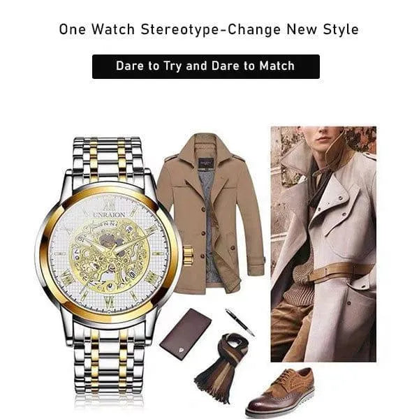 Unraion Men's Skeleton Watch | Luxury Gold-Tone Stainless Steel Timepiece NB Collection Shop