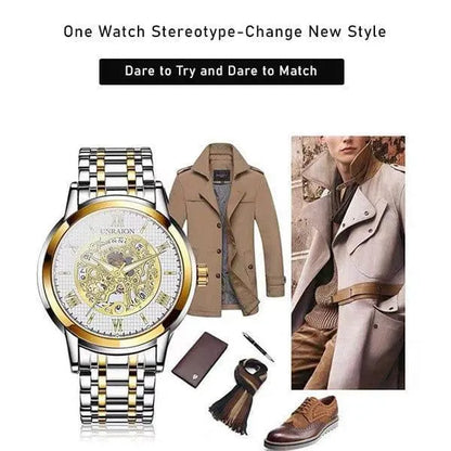 Unraion Men's Skeleton Watch | Luxury Gold-Tone Stainless Steel Timepiece NB Collection Shop