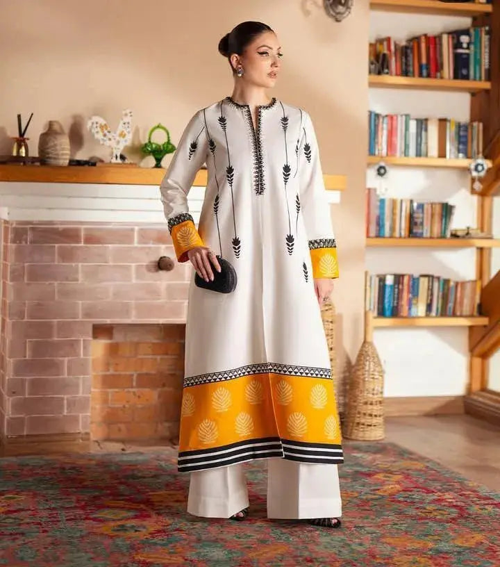 2 Pcs Women's Stitched Silk Printed Shirt And Trouser NB Collection Shop