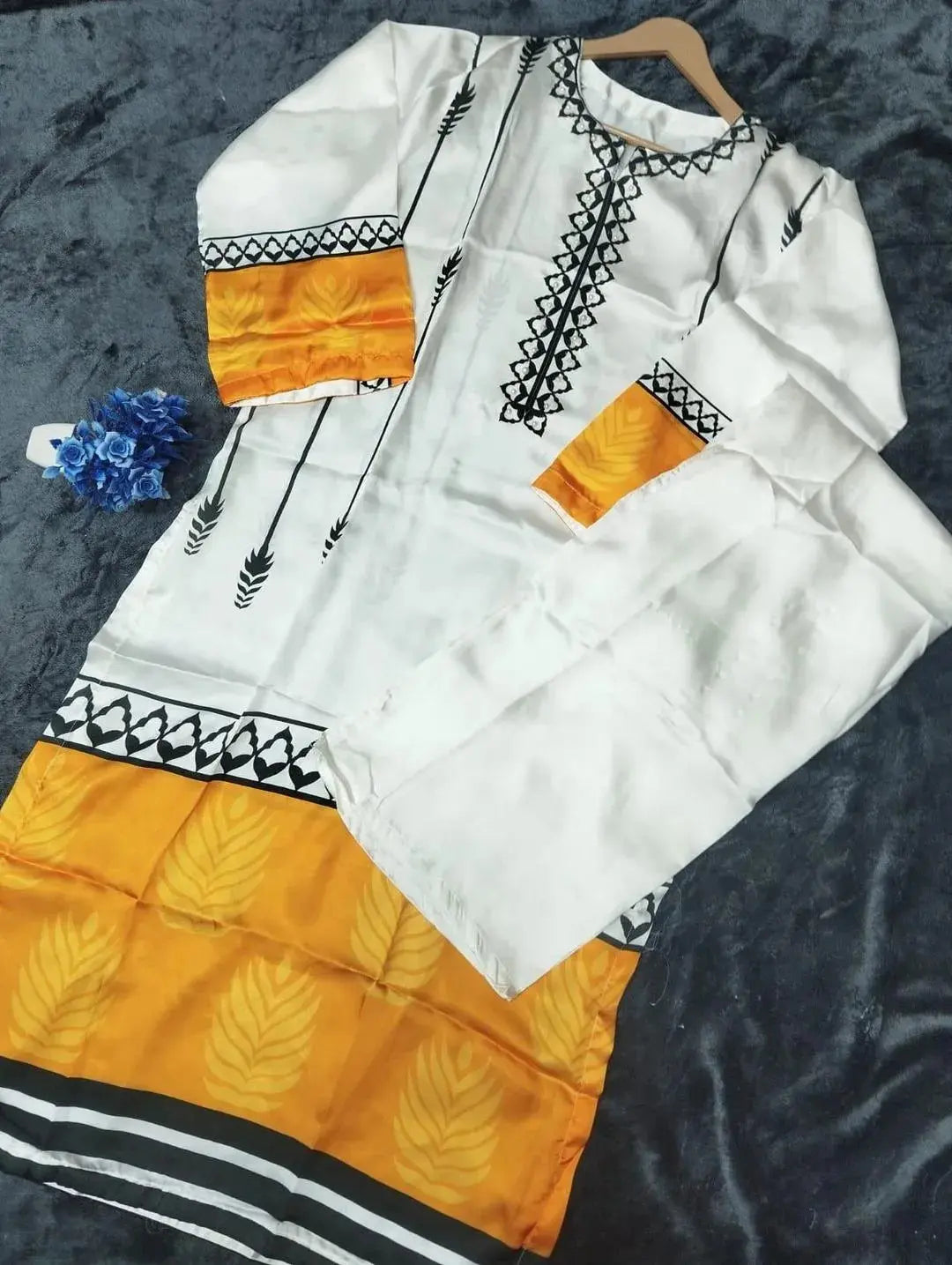 2 Pcs Women's Stitched Silk Printed Shirt And Trouser NB Collection Shop