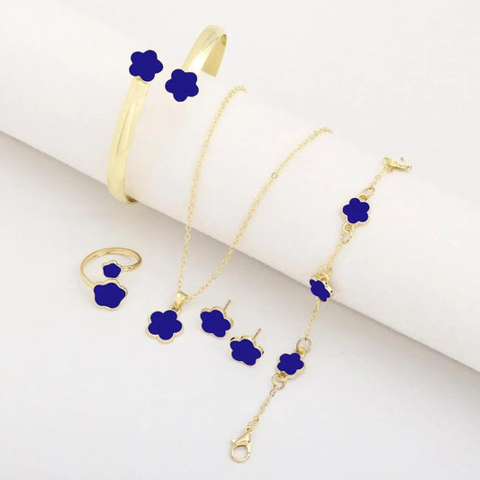 6-Piece Royal Blue Flower Resin Jewelry Set - Gold Plated Korean Style Necklace, Bracelet, Ring & Earrings for Women NB Collection Shop