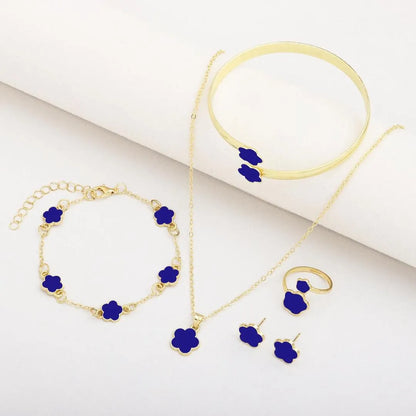 6-Piece Royal Blue Flower Resin Jewelry Set - Gold Plated Korean Style Necklace, Bracelet, Ring & Earrings for Women NB Collection Shop