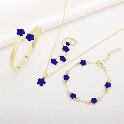 6-Piece Royal Blue Flower Resin Jewelry Set - Gold Plated Korean Style Necklace, Bracelet, Ring & Earrings for Women NB Collection Shop