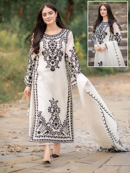 3 Pcs Women’s Stitched Organza Embroidered Suit NB Collection Shop