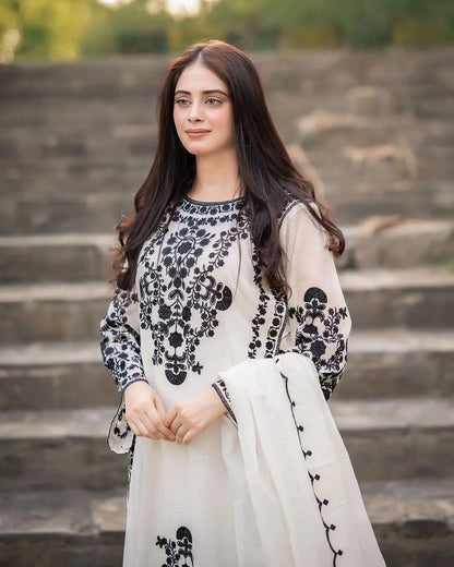 3 Pcs Women’s Stitched Organza Embroidered Suit NB Collection Shop