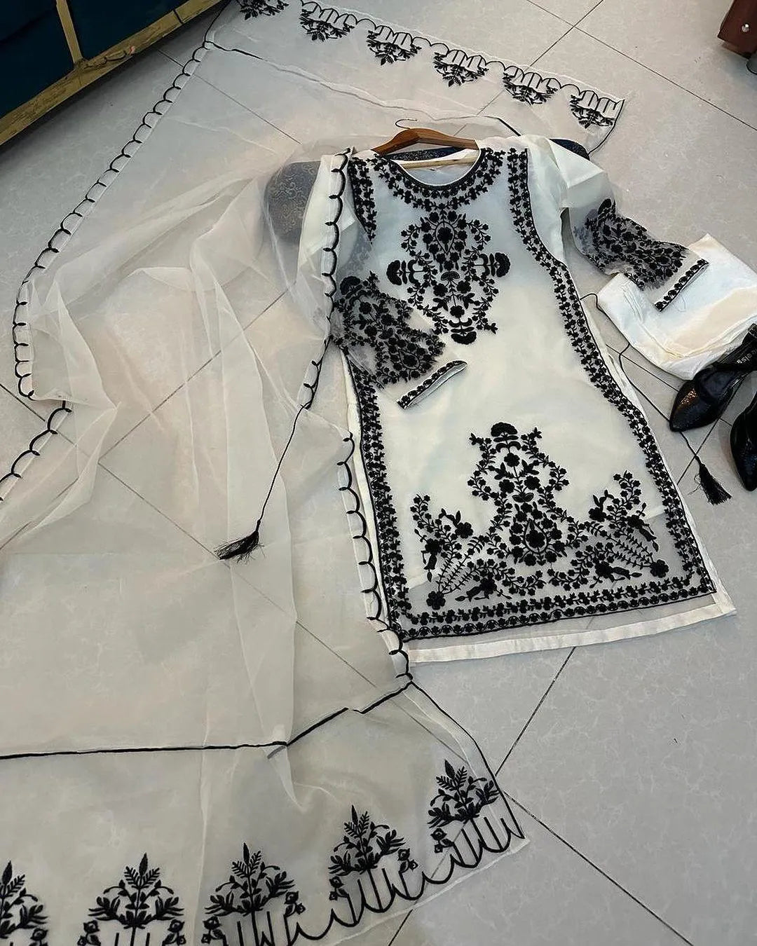 3 Pcs Women’s Stitched Organza Embroidered Suit NB Collection Shop