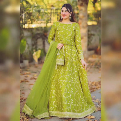 3 Pcs Women's Stitched Shamoz Silk Embroidered Lehenga Choli NB Collection Shop