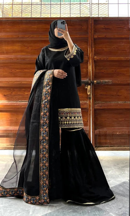 3 Pcs Women’s Stitched Shamoz Silk Embroidered Gharara Shirt NB Collection Shop