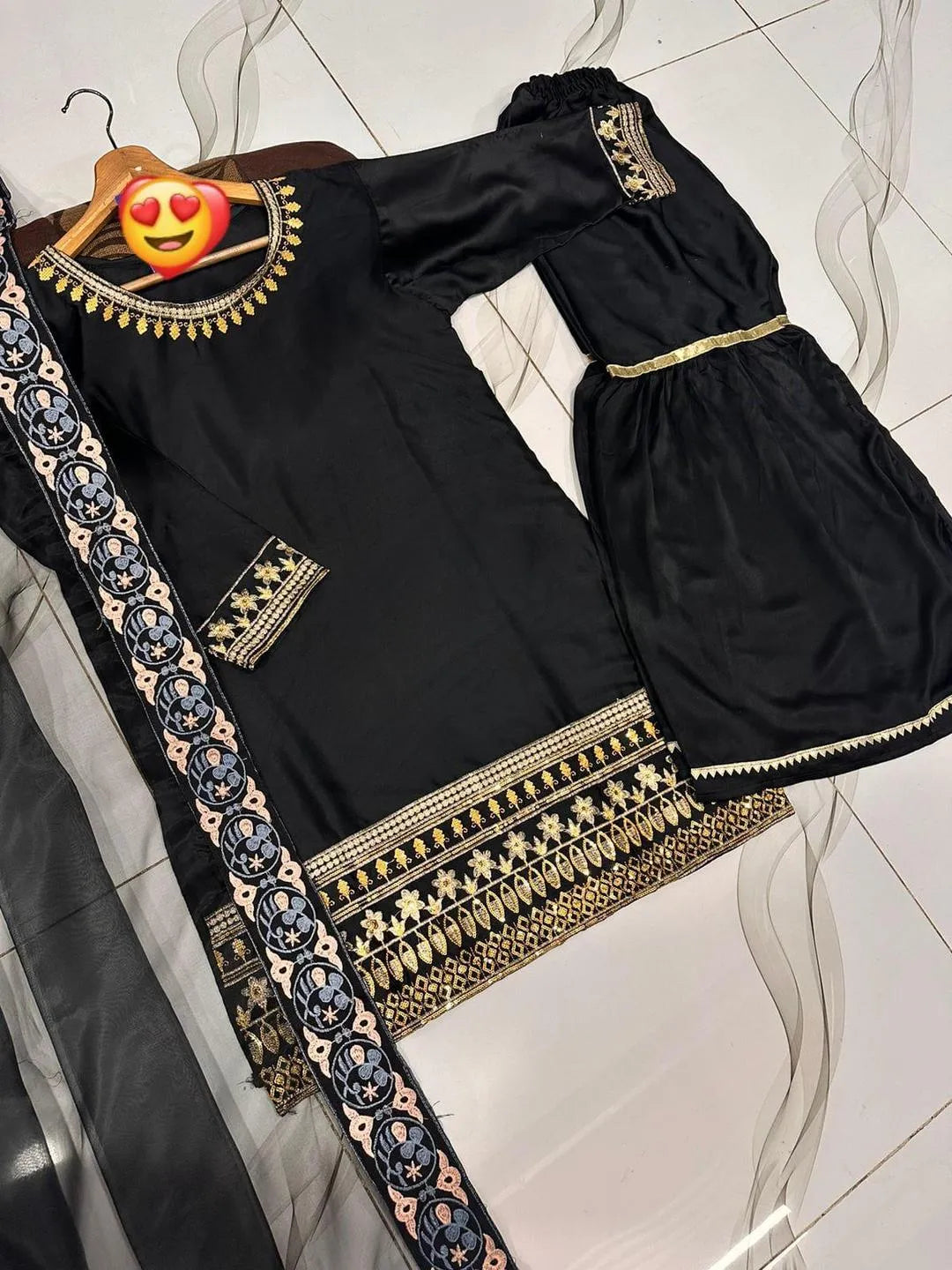 3 Pcs Women’s Stitched Shamoz Silk Embroidered Gharara Shirt NB Collection Shop
