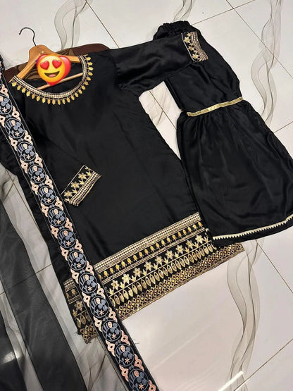 3 Pcs Women’s Stitched Shamoz Silk Embroidered Gharara Shirt NB Collection Shop