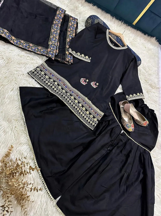 3 Pcs Women’s Stitched Shamoz Silk Embroidered Gharara Shirt NB Collection Shop