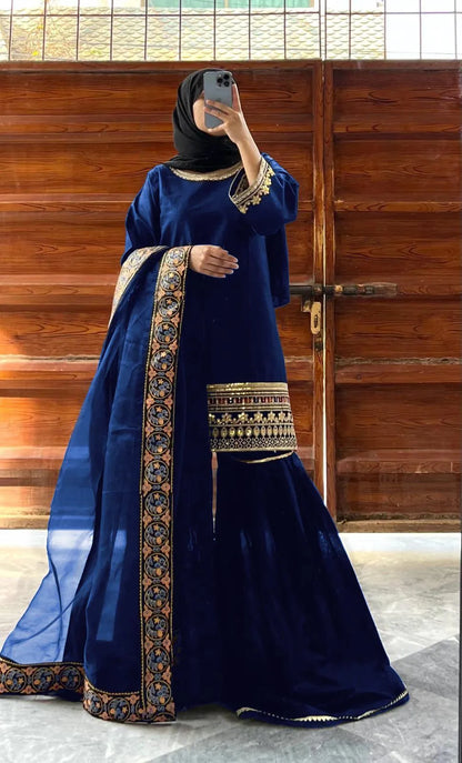 3 Pcs Women’s Stitched Shamoz Silk Embroidered Gharara Shirt NB Collection Shop