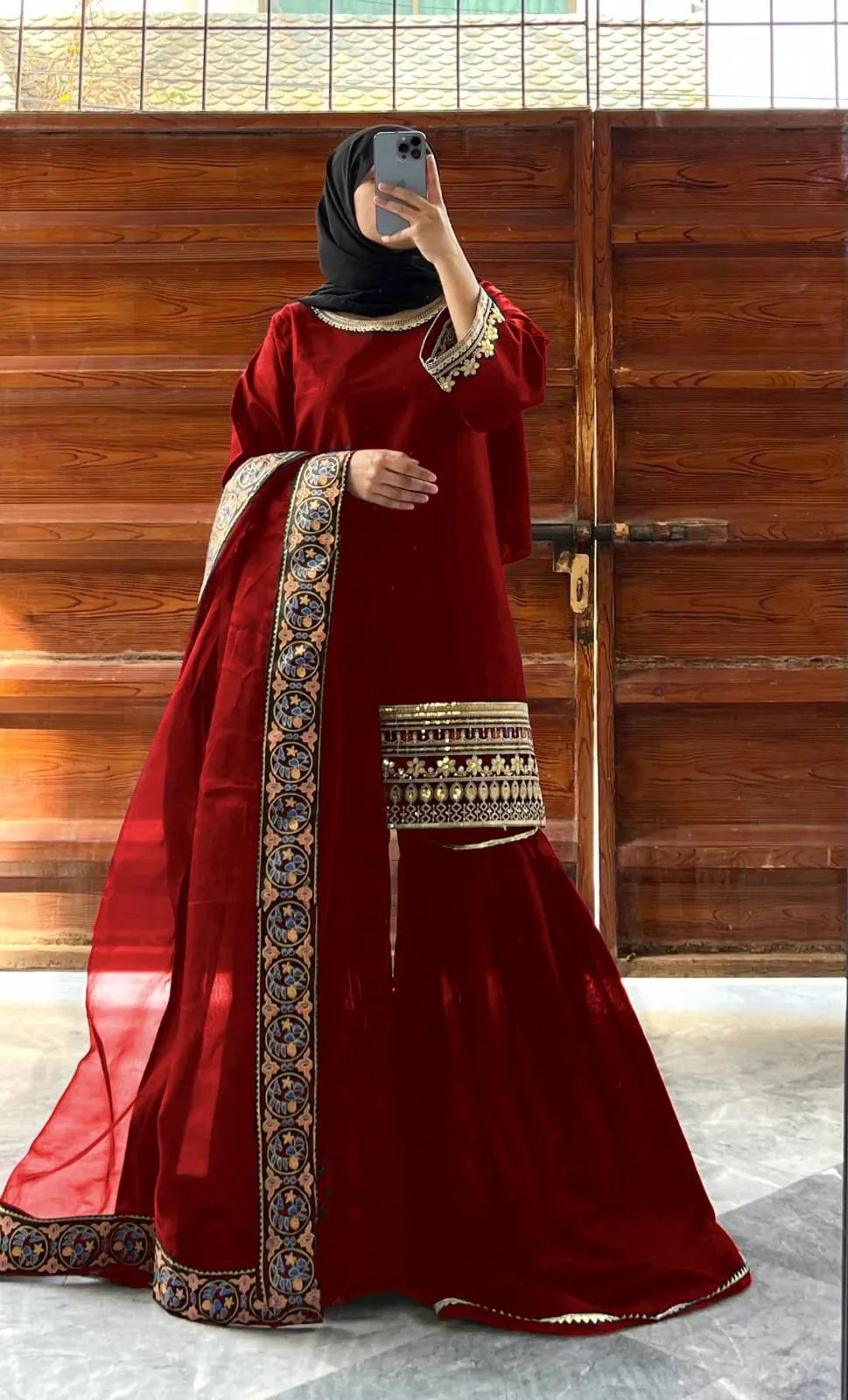 3 Pcs Women’s Stitched Shamoz Silk Embroidered Gharara Shirt NB Collection Shop