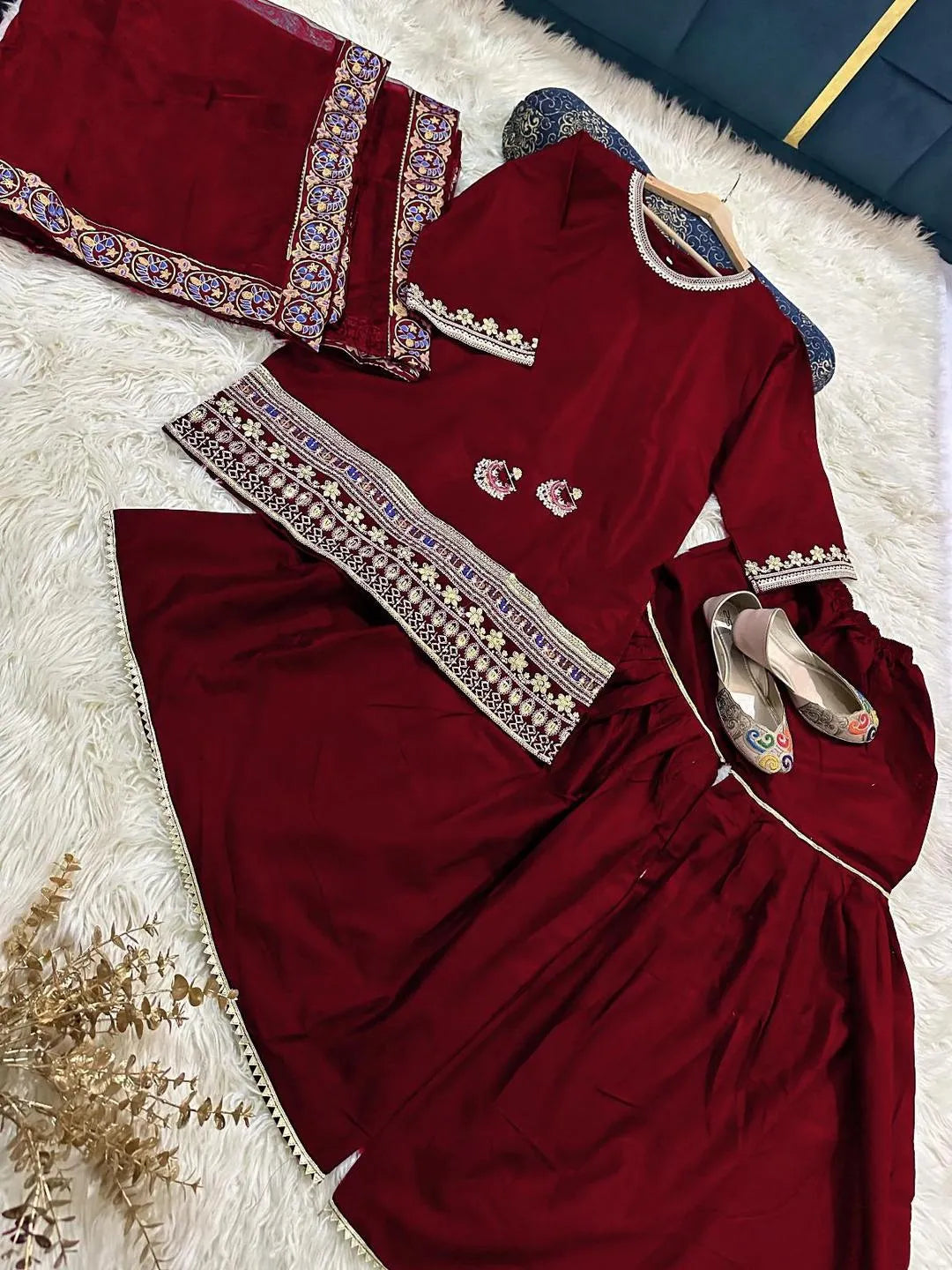 3 Pcs Women’s Stitched Shamoz Silk Embroidered Gharara Shirt NB Collection Shop