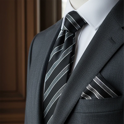 Black Label Diagonal Tie & Pocket Square Set | Premium Men’s Formal Black Tie | Classic Diagonal Stripe Design NB Collection Shop