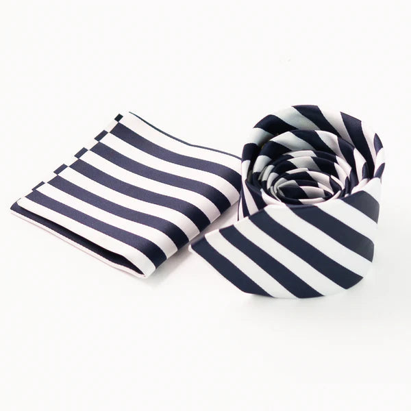 Blue & White Striped Tie & Pocket Square Set | Premium Men’s Formal Striped Tie | Classic Blue & White Design NB Collection Shop