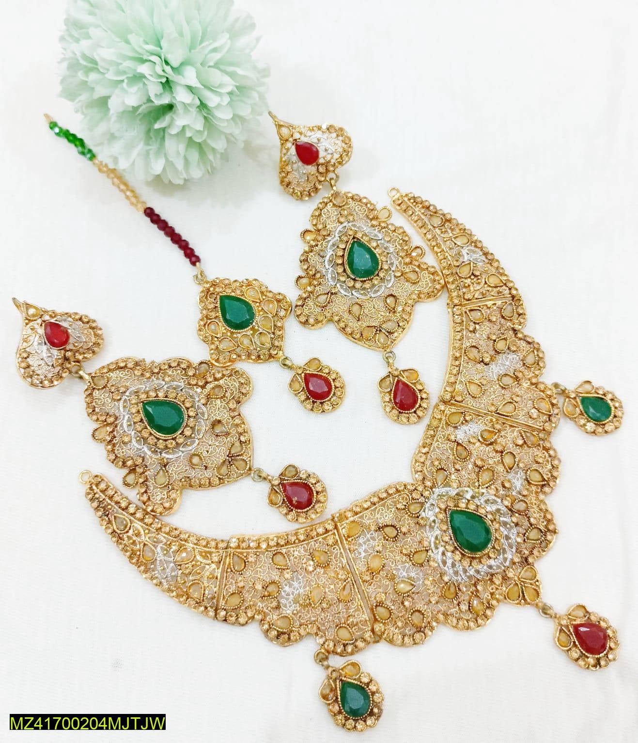 Traditional Golden Filigree Bridal Jewellery Set - Large Emerald & Ruby Red Gemstone Necklace Set for Women NB Collection Shop