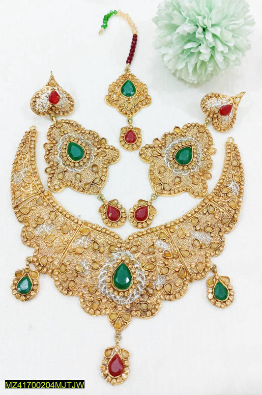 Traditional Golden Filigree Bridal Jewellery Set - Large Emerald & Ruby Red Gemstone Necklace Set for Women NB Collection Shop