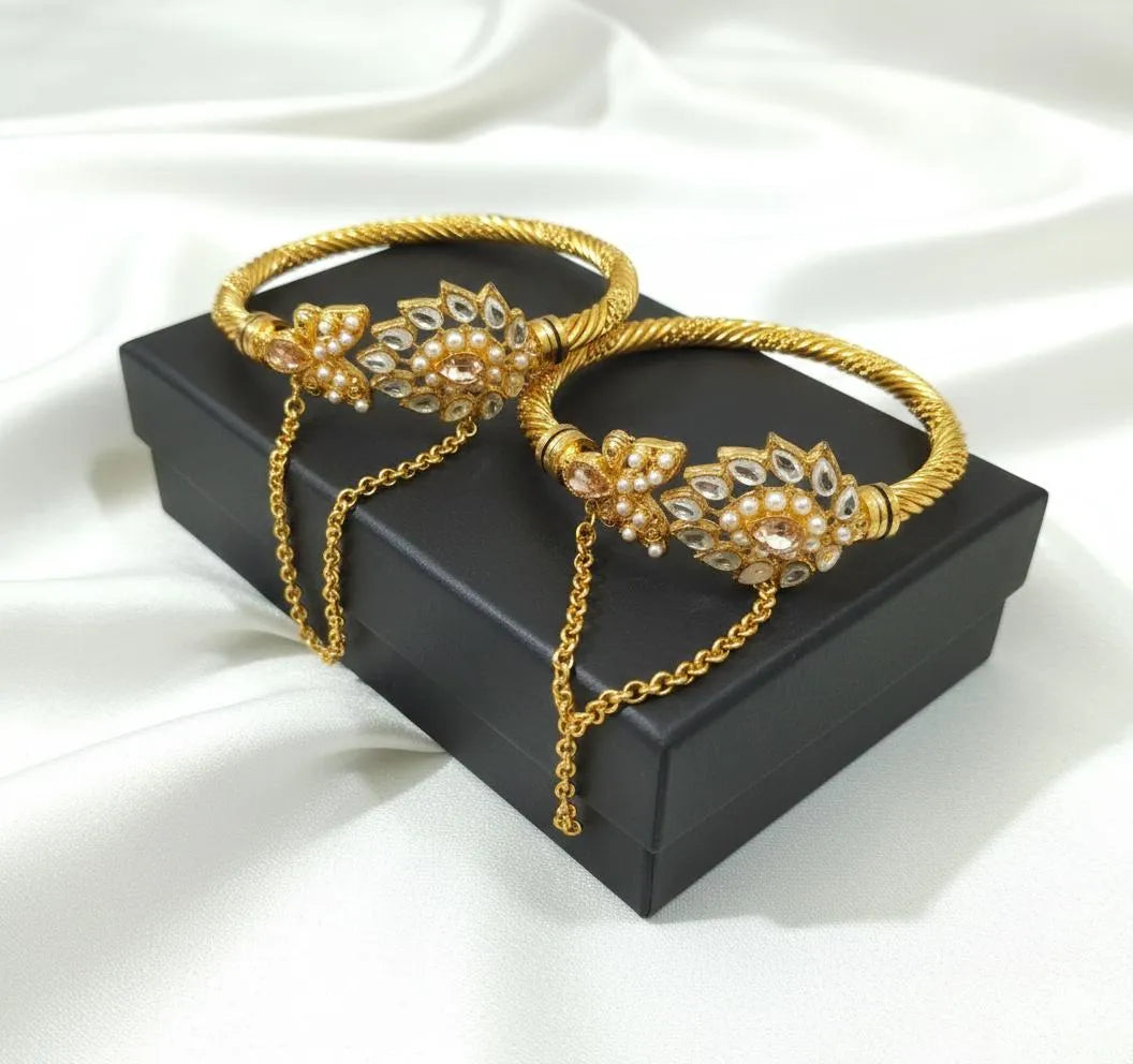 2-Piece Tarnish-Free Golden Floral Bangle Set - Premium Pearl & Crystal Accented Jewelry for Women NB Collection Shop