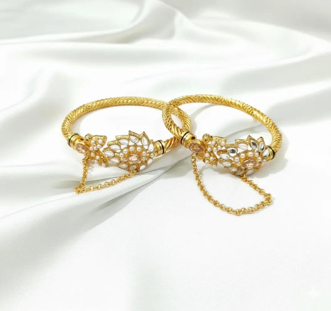2-Piece Tarnish-Free Golden Floral Bangle Set - Premium Pearl & Crystal Accented Jewelry for Women NB Collection Shop