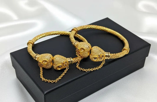 Luxury Golden Skull Motif Bangle Set - 2-Piece Intricate Chain Detail Casting Bangles for Women NB Collection Shop
