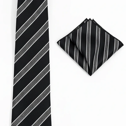 Black Label Diagonal Tie & Pocket Square Set | Premium Men’s Formal Black Tie | Classic Diagonal Stripe Design NB Collection Shop