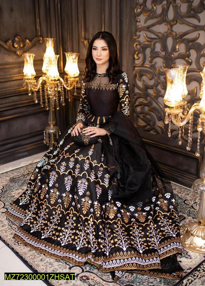 Fancy Stitched Katan Silk Maxi Party Wear Black Gold NB Collection Shop