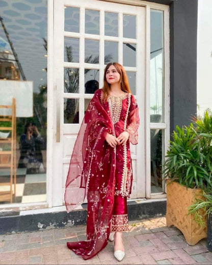 Red Organza Embroidered 3Pcs Suit for Eid Party Wear NB Collection Shop