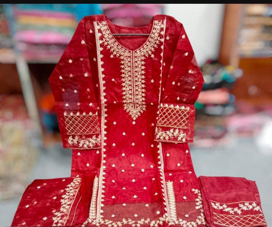 Red Organza Embroidered 3Pcs Suit for Eid Party Wear NB Collection Shop