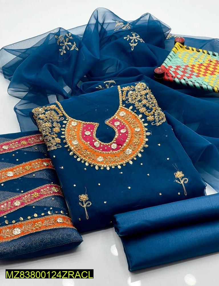 Fancy Organza Embroidered 3 Pcs Women Suit Navy Blue NB Collection Shop