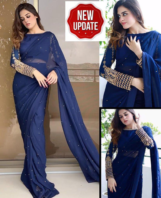 3 Pcs Women’s Stitched Chiffon Sequins Embroidered Saree NB Collection Shop
