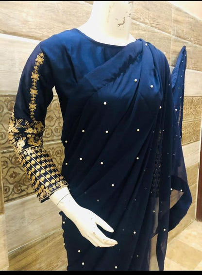 3 Pcs Women’s Stitched Chiffon Sequins Embroidered Saree NB Collection Shop