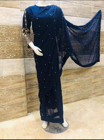3 Pcs Women’s Stitched Chiffon Sequins Embroidered Saree NB Collection Shop