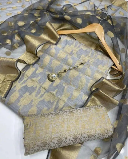 3 Pcs Women's Unstitched Jacquard Organza Suit NB Collection Shop