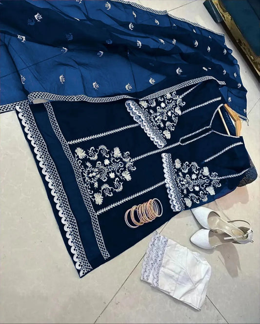 3 Pcs Women's Stitched Organza Embroidered Suit