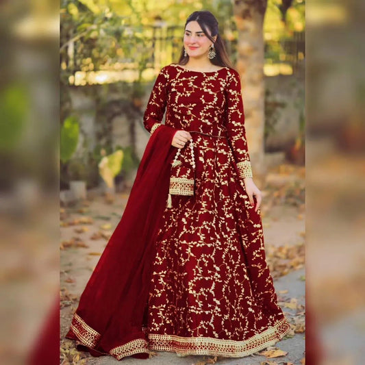 3 Pcs Women's Stitched Shamoz Silk Embroidered Lehenga Choli NB Collection Shop