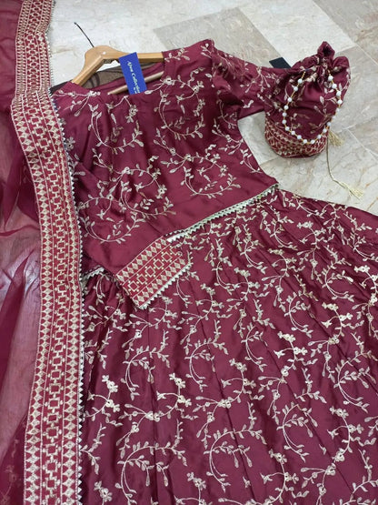 3 Pcs Women's Stitched Shamoz Silk Embroidered Lehenga Choli NB Collection Shop