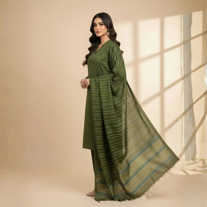 Winter Sussi Silk 3-Piece Suit for Women | Unstitched Plain Shirt & Trouser | Heavy Winter Sussi Shawl | Bottle Green NB Collection Shop