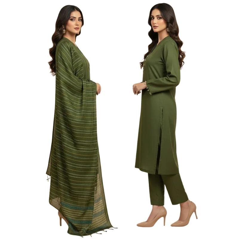 Winter Sussi Silk 3-Piece Suit for Women | Unstitched Plain Shirt & Trouser | Heavy Winter Sussi Shawl | Bottle Green NB Collection Shop