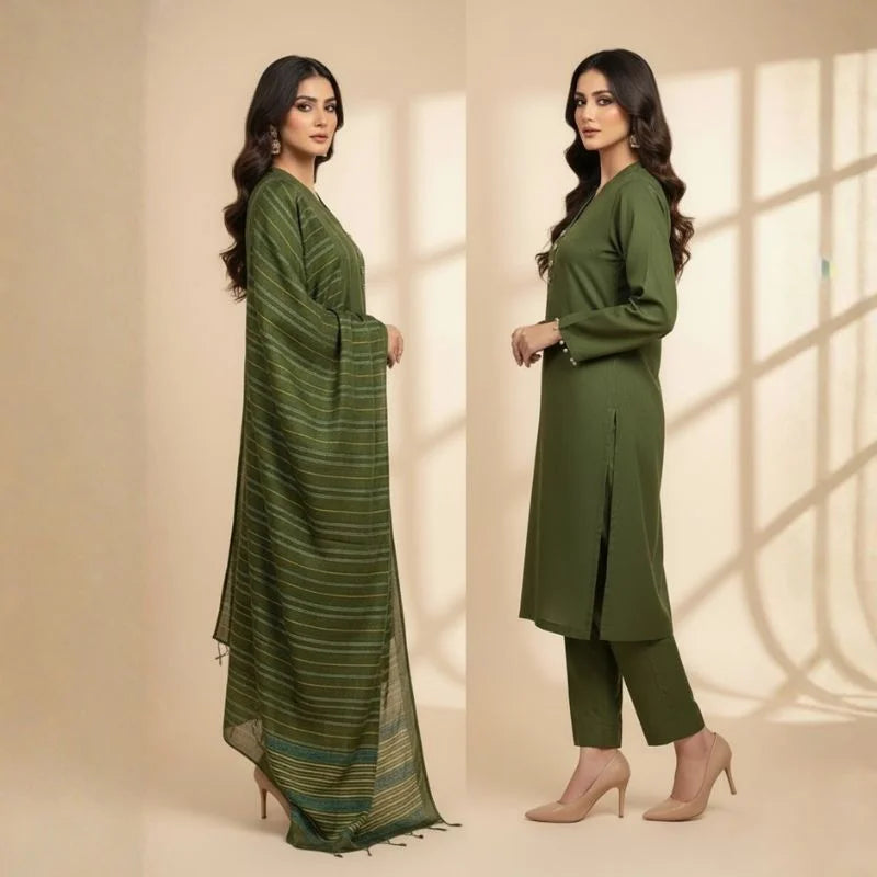 Winter Sussi Silk 3-Piece Suit for Women | Unstitched Plain Shirt & Trouser | Heavy Winter Sussi Shawl | Bottle Green NB Collection Shop