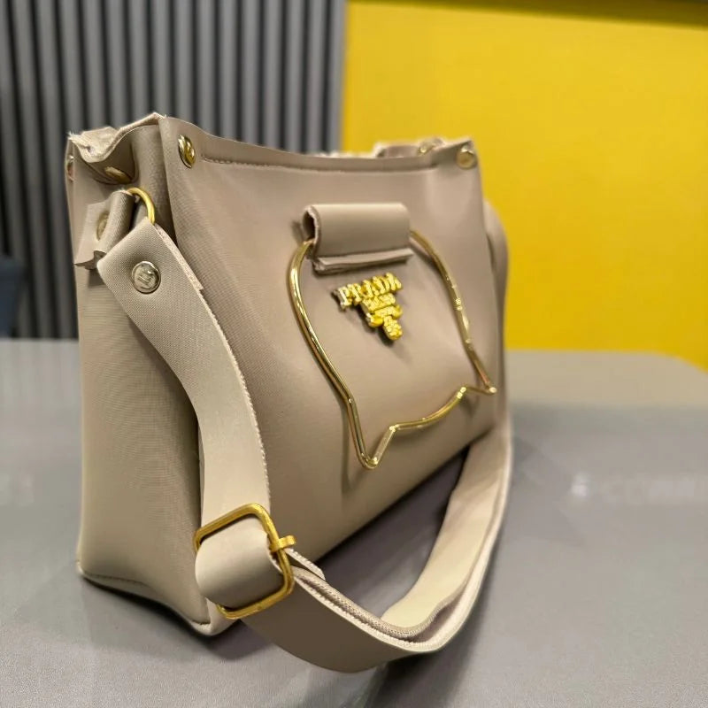 Beige Elegant Cat Handle Handbag for Girls & Ladies | Stylish Shoulder & Crossbody Bag with Gold Accents | Adjustable Strap NB Collection Shop