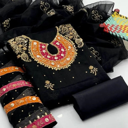 Organza 3-Piece Suit for Women | Unstitched  Handmade Aari Zari & Beads Work NB Collection Shop