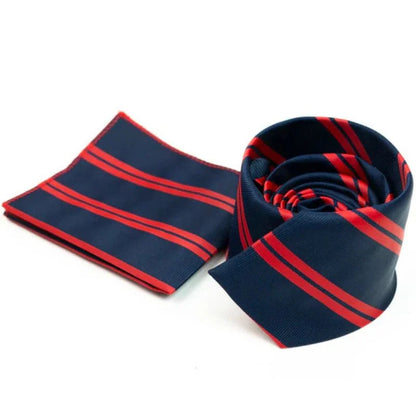 Navy & Red Regal Striped Tie with Pocket Square Set | Premium Men’s Formal Tie Set | Classic Striped Design NB Collection Shop