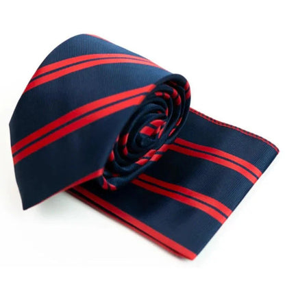 Navy & Red Regal Striped Tie with Pocket Square Set | Premium Men’s Formal Tie Set | Classic Striped Design NB Collection Shop