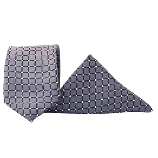 Grid Patterned Silver Tie & Pocket Square Set | Premium Men’s Formal Silver Tie | Classic Grid Design NB Collection Shop