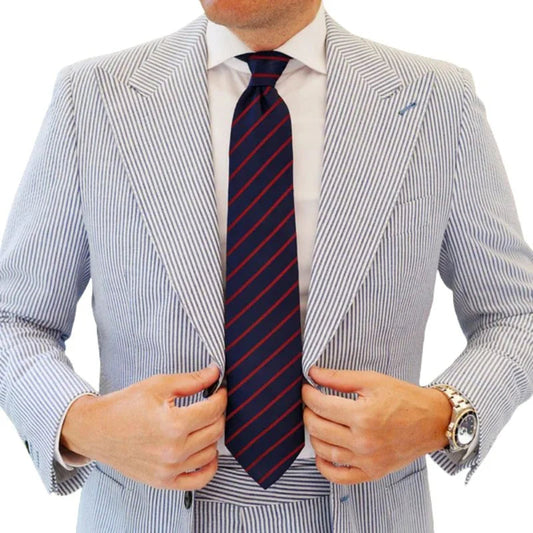 Harvard Stride Navy-Red Tie & Pocket Square Set | Premium Men’s Formal Striped Tie | Classic Navy & Red Design NB Collection Shop